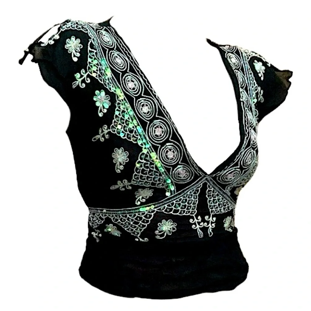 JLO Iridescent Sequin Top, Embroidered Deep V-neck with Shoulder Slits - Picture 1 of 5
